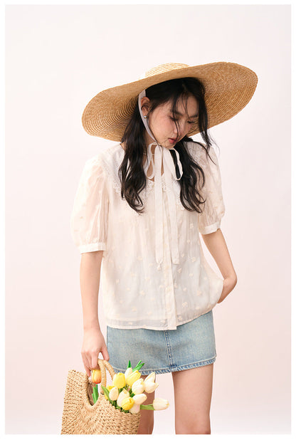 Embroidered Peter Pan Collar Puff Sleeve Blouse