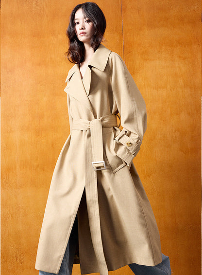 Classic British Style Long Khaki Trench Coat