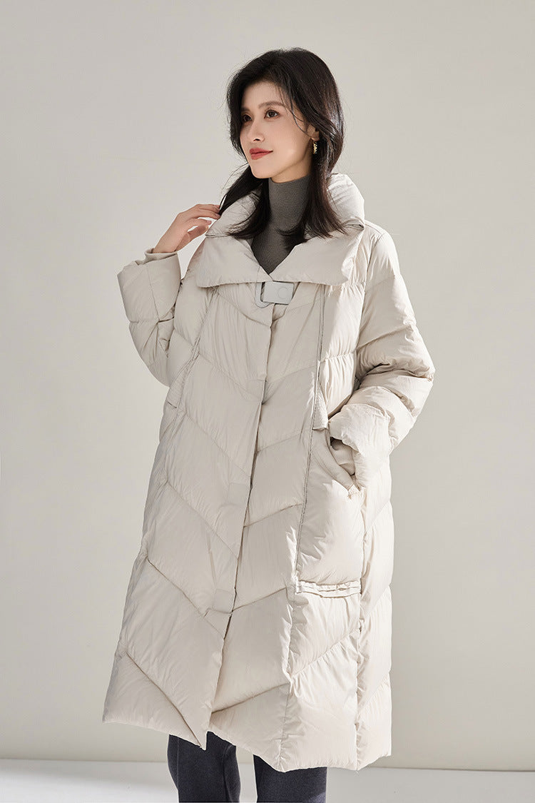 Minimalist Oversized Down Puffer Coat with Leather-Style Buttons