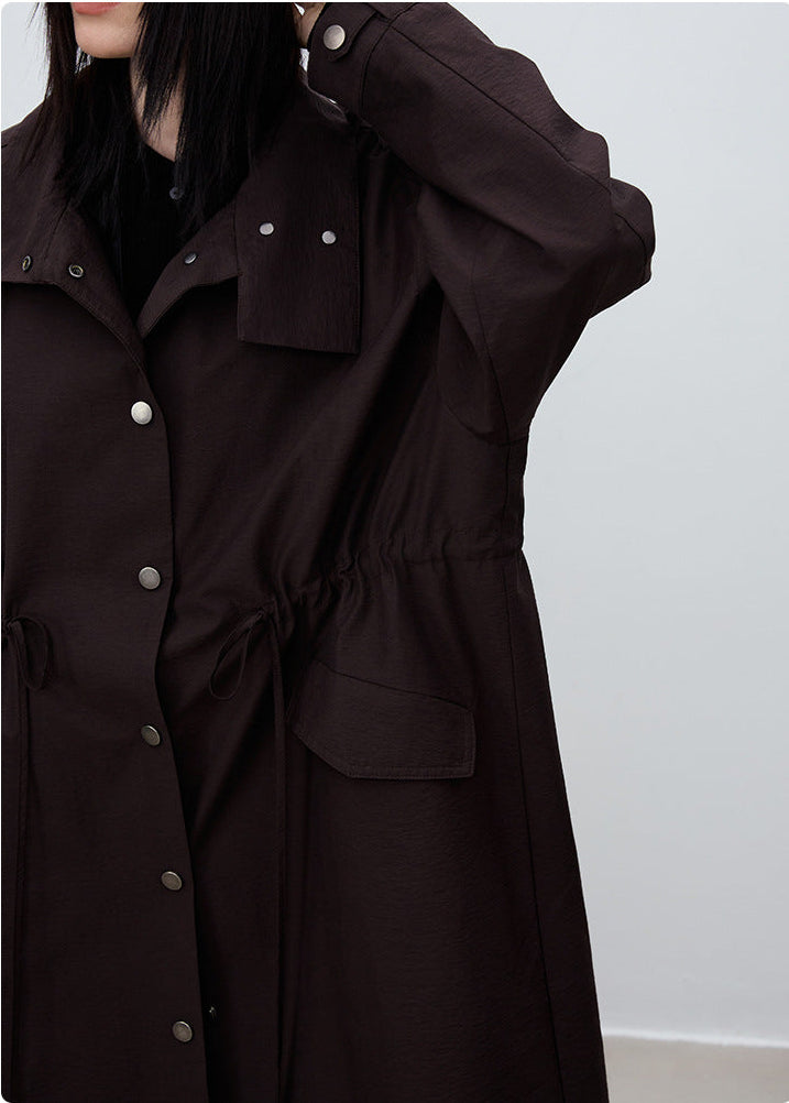 Oversized British-Style Long Trench Coat – Coffee Brown