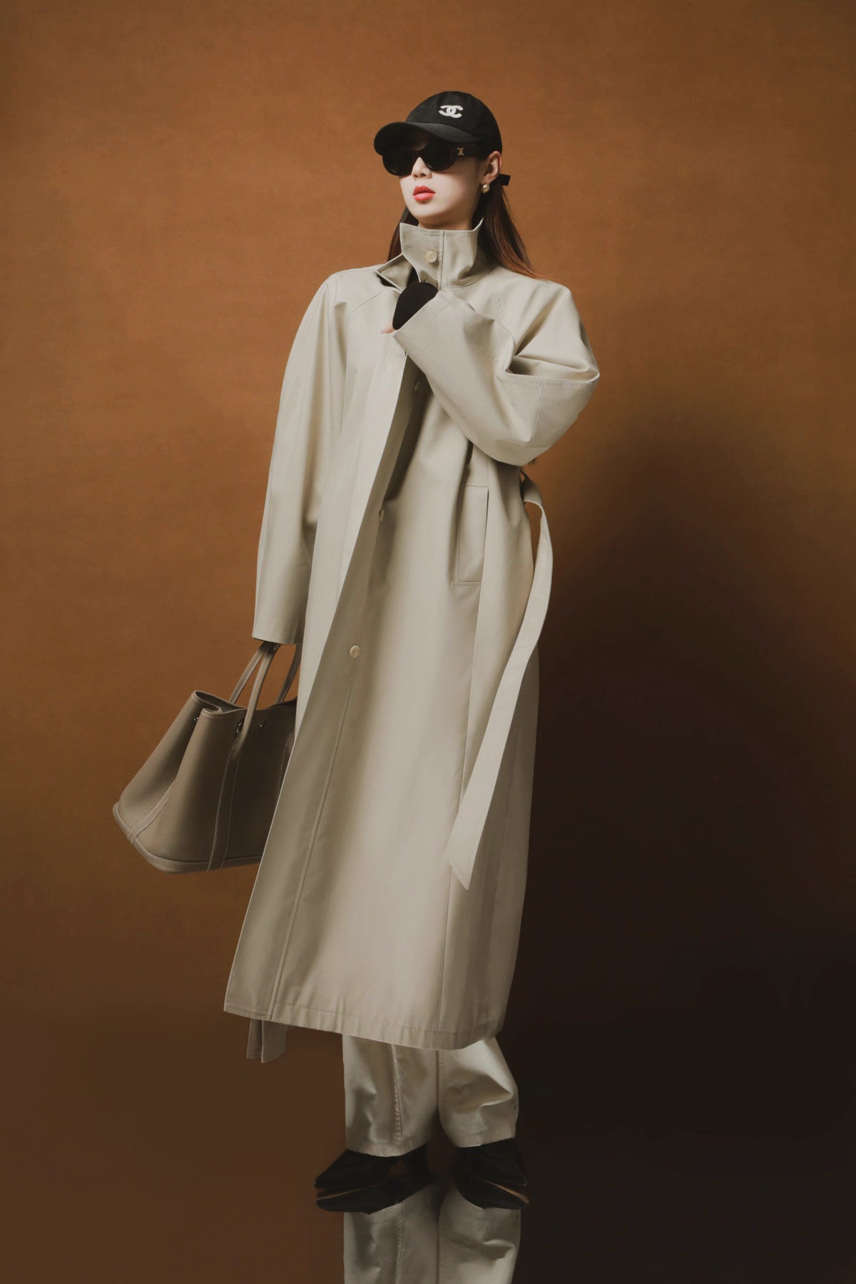 Draped Double-Breasted Tencel Trench Coat