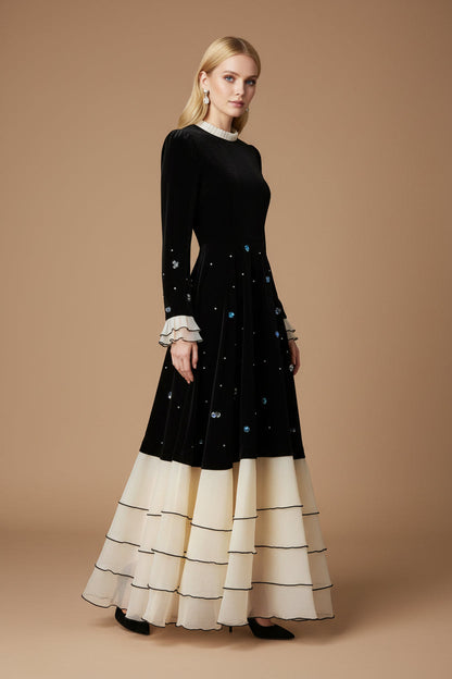 Velvet & Lace Color-Block Long Sleeve Maxi Dress