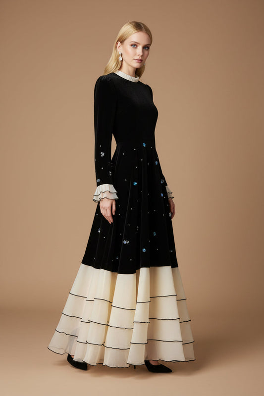Velvet & Lace Color-Block Long Sleeve Maxi Dress