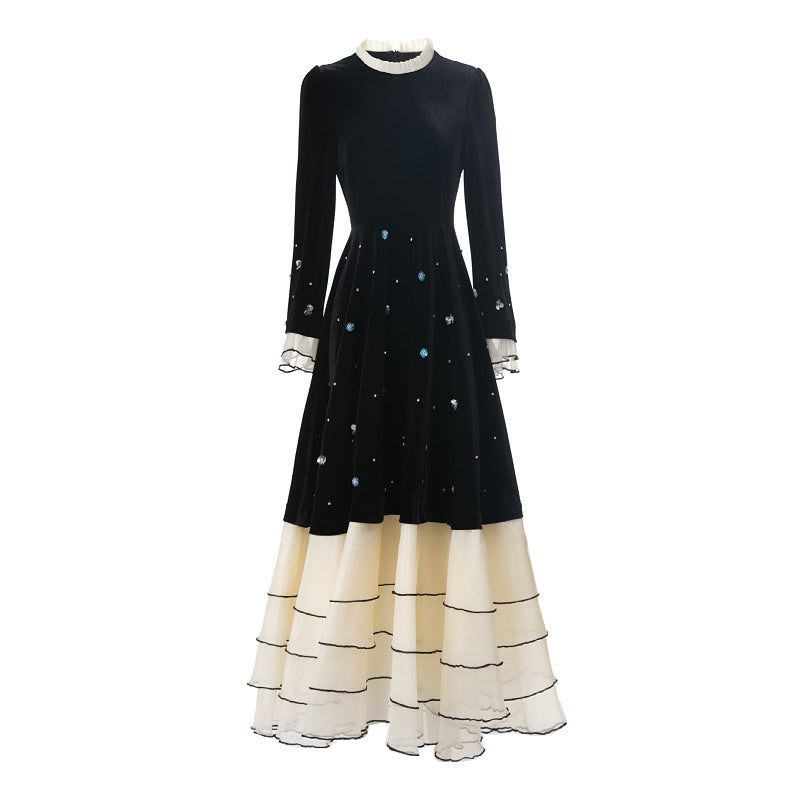 Velvet & Lace Color-Block Long Sleeve Maxi Dress