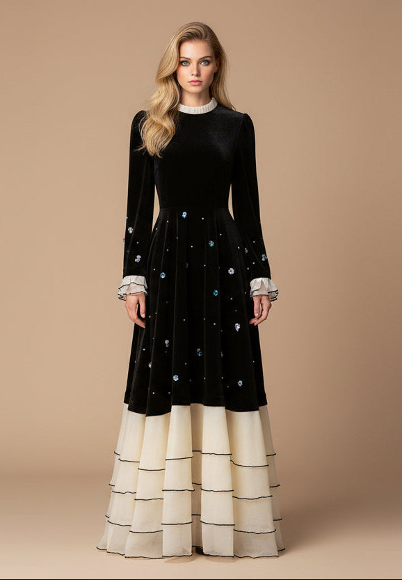 Velvet & Lace Color-Block Long Sleeve Maxi Dress