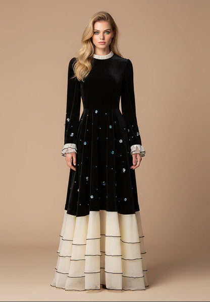 Velvet & Lace Color-Block Long Sleeve Maxi Dress