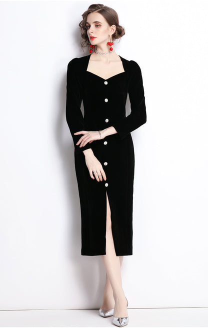 Black Velvet Elegant Slit Midi Dress – Classic French Sophistication