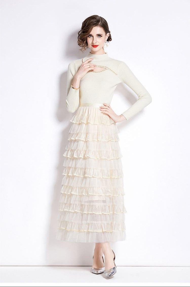 Layered Knit & Tulle Maxi Dress – Faux Two-Piece Design
