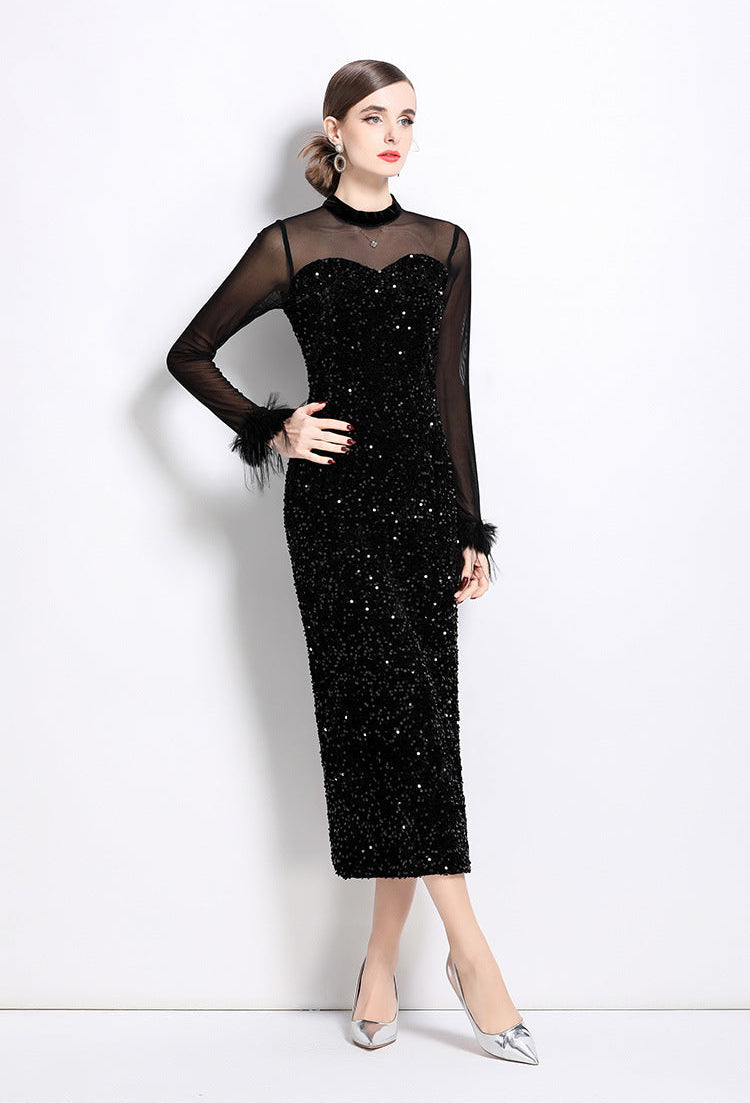 Velvet Sequin Long Evening Gown with Sheer Sleeves