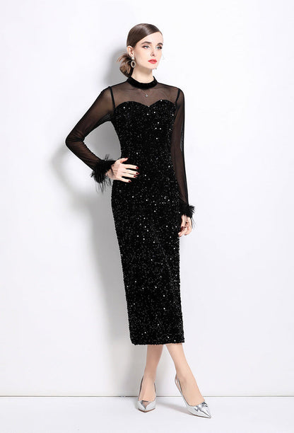 Velvet Sequin Long Evening Gown with Sheer Sleeves