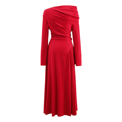 One-Shoulder Asymmetric Hem Red Maxi Dress