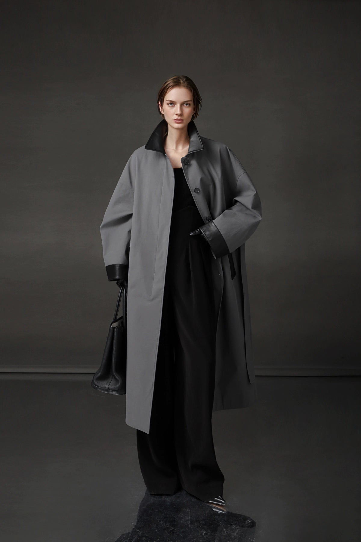 Leather-Trimmed Polo Collar Oversized Long Trench Coat