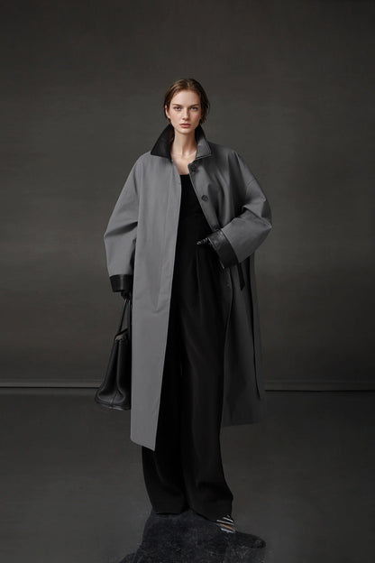 Leather-Trimmed Polo Collar Oversized Long Trench Coat