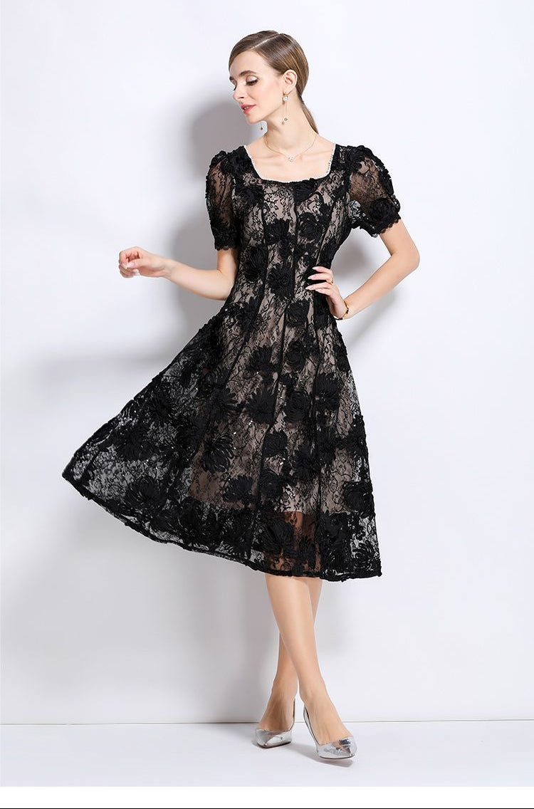 Elegant Black Dress with Puff Sleeves