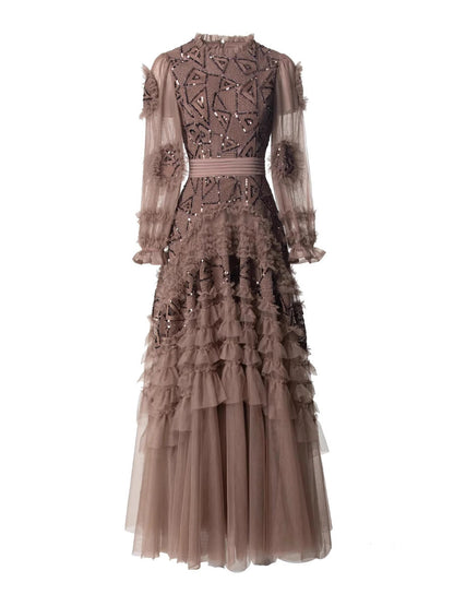 Sequin Embellished Princess-Cut Maxi Evening Dress