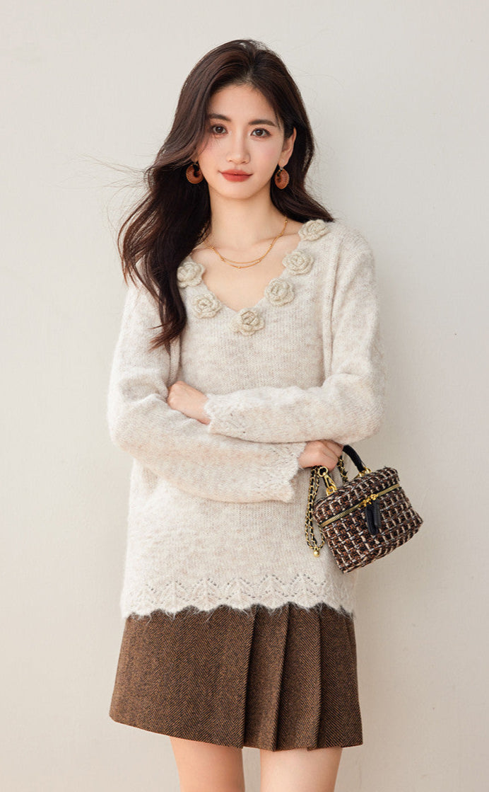 3D Floral Knit V-Neck Sweater