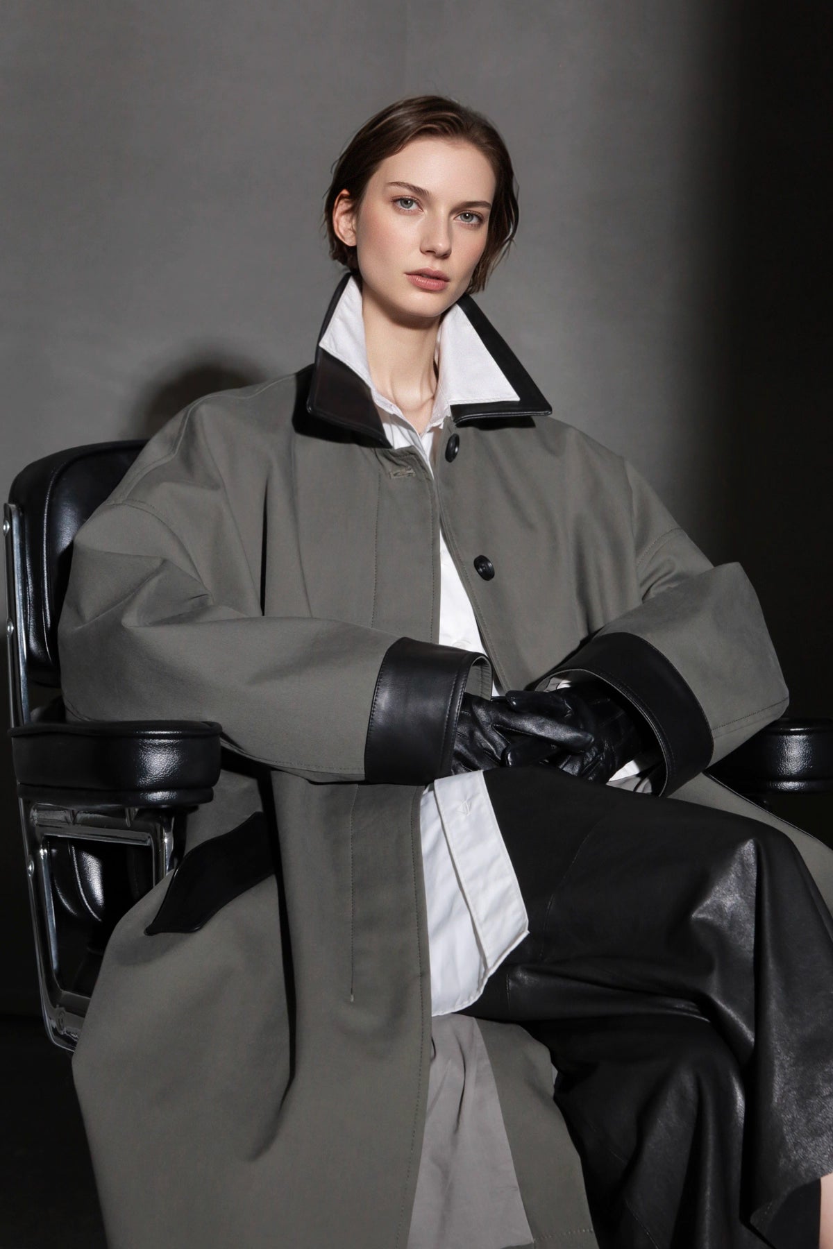 Leather-Trimmed Polo Collar Oversized Long Trench Coat