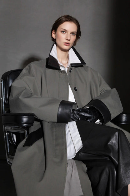 Leather-Trimmed Polo Collar Oversized Long Trench Coat