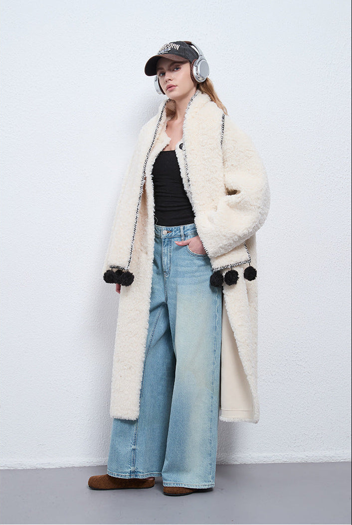 Faux Shearling Long Coat with Detachable Scarf – Off-White Elegance