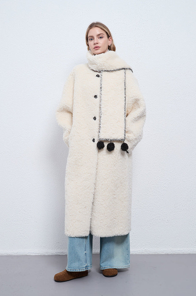 Faux Shearling Long Coat with Detachable Scarf – Off-White Elegance
