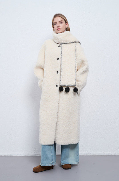 Faux Shearling Long Coat with Detachable Scarf – Off-White Elegance