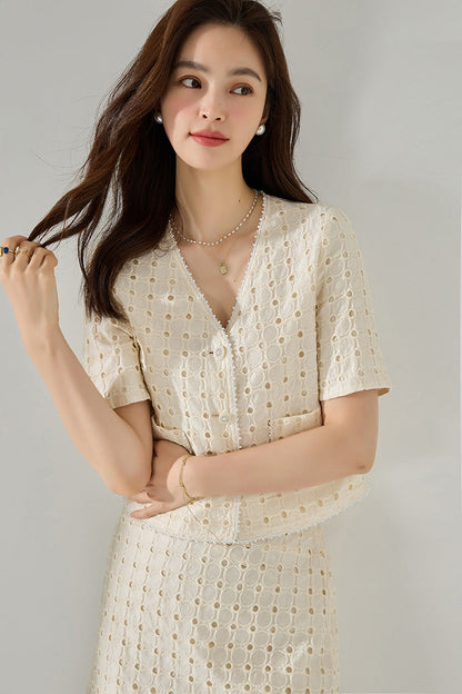 Elegant Geometry Ecru Tencel Top and Midi Top&Skirt