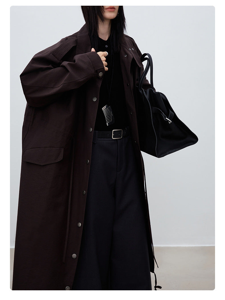 Oversized British-Style Long Trench Coat – Coffee Brown