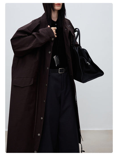 Oversized British-Style Long Trench Coat – Coffee Brown
