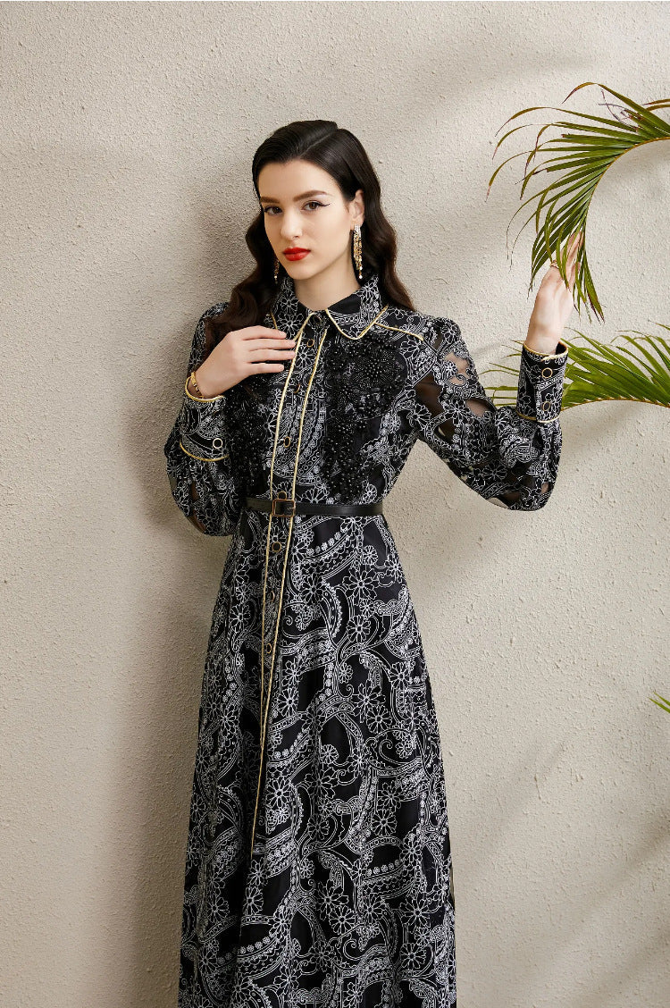 Beaded Lace Maxi Dress with Gold Trim – Elegant Retro Gown