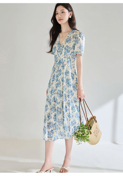 French Blue Floral Cotton Dress – Tie Waist, V-Neck