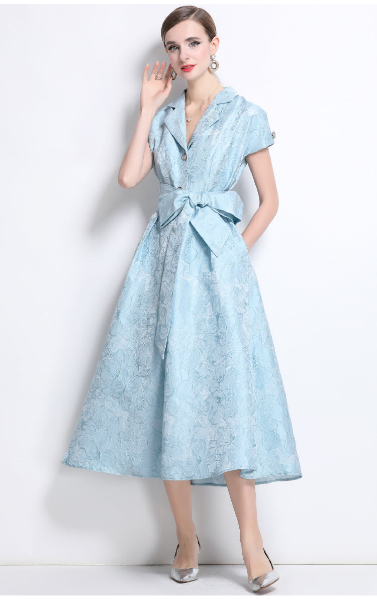 Jacquard A-Line Evening Gown with Full Flowing Skirt