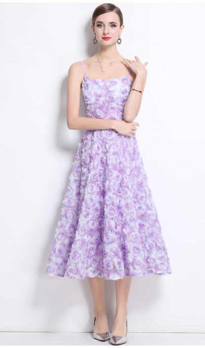 3D Rose Appliqué Strappy Midi Dress