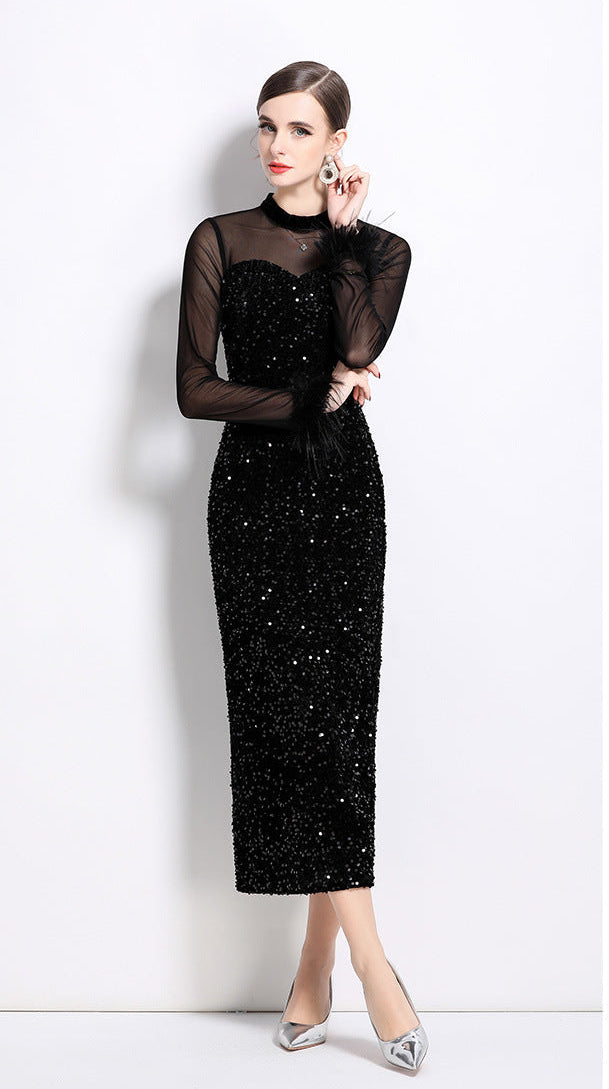 Velvet Sequin Long Evening Gown with Sheer Sleeves