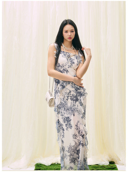 Ruffled Square Neck Slit Vacation Dress