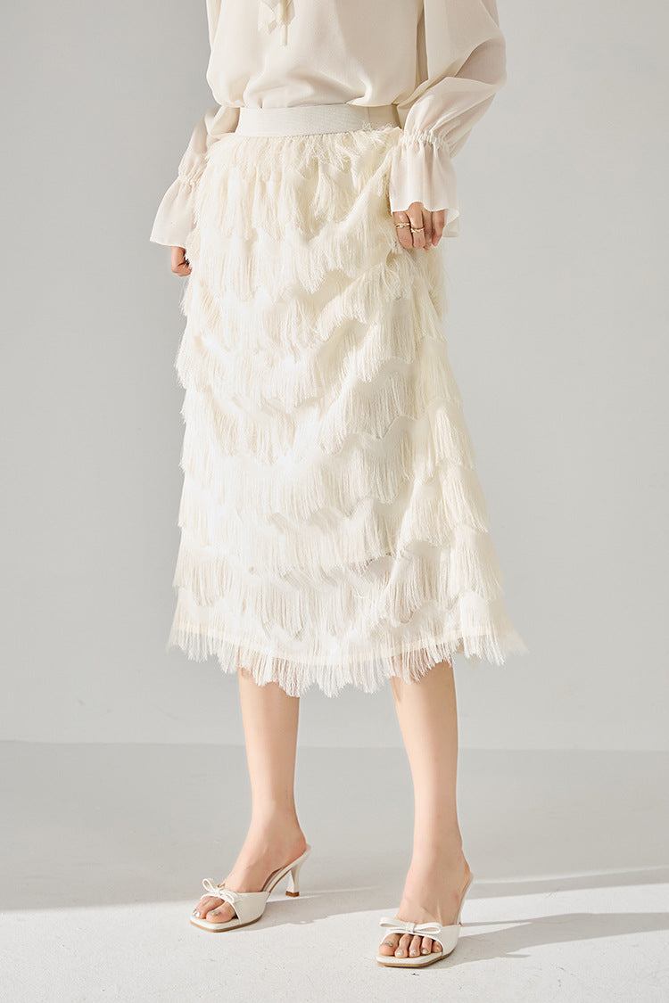Tassel Layered Ecru Midi Skirt