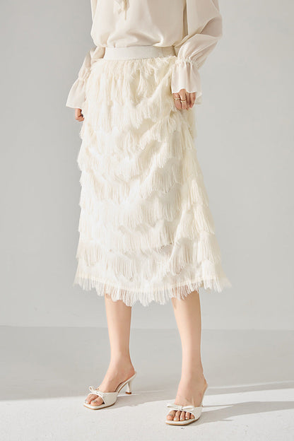 Tassel Layered Ecru Midi Skirt