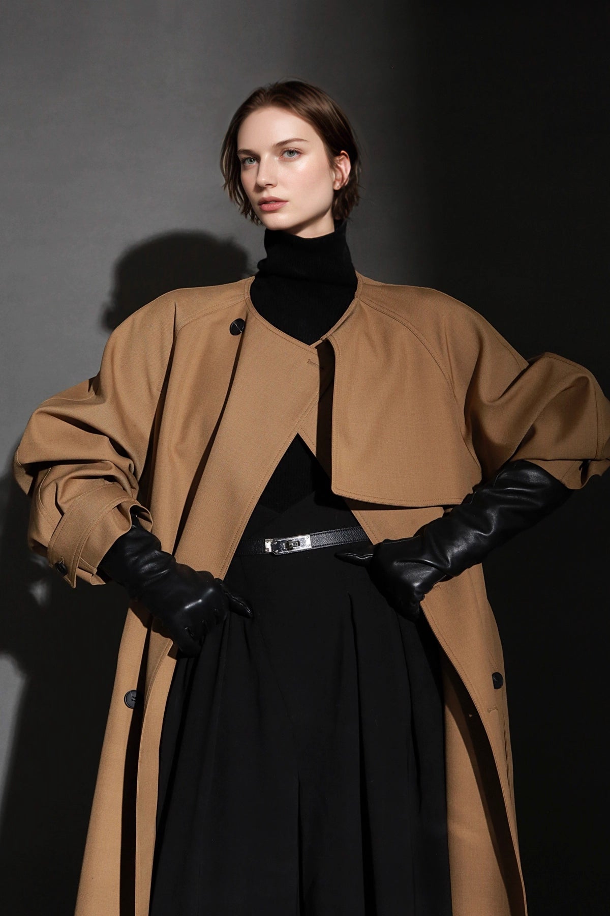 Minimalist Round Neck Wool Blend Trench Coat – Relaxed Fit
