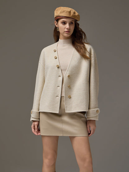 Silk-Blend Camel Wool Short Coat with Detachable Collar