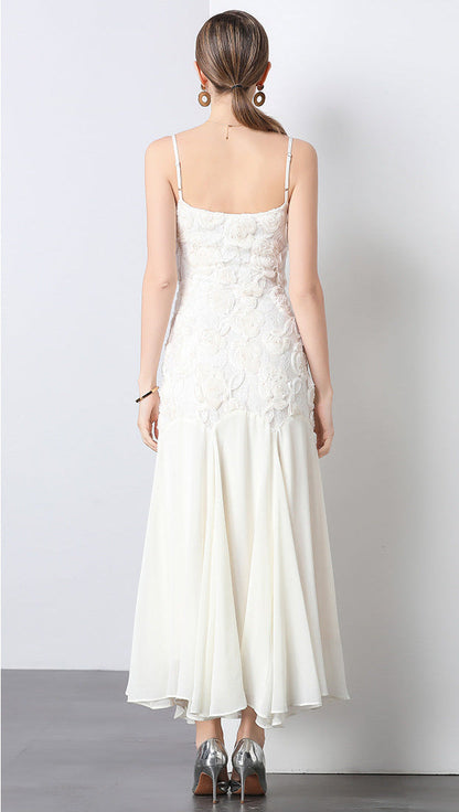 French Rose Embroidered Mermaid Strappy Maxi Dress