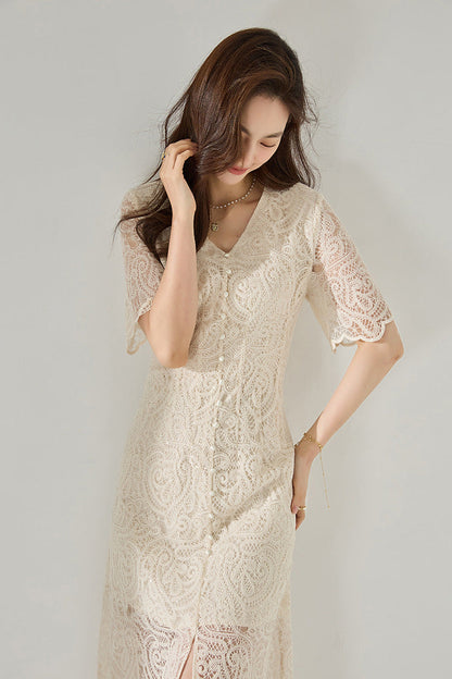 90% Cotton Blend in Soft Ecru Elegant Lace Midi Dress