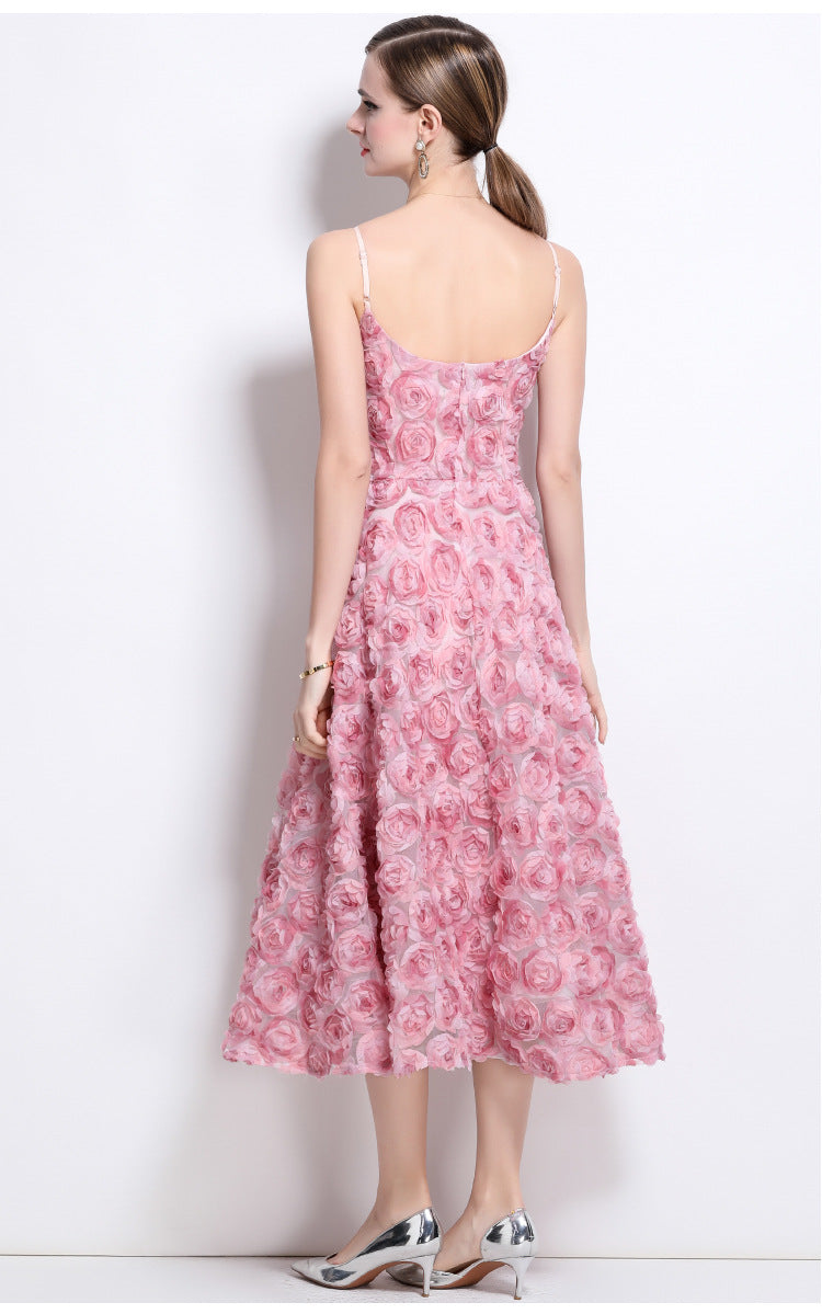 3D Rose Appliqué Strappy Midi Dress