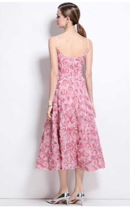 3D Rose Appliqué Strappy Midi Dress