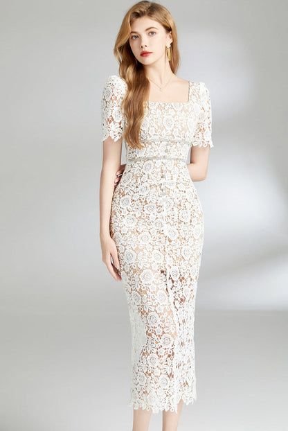 Square Neck Floral Lace Midi Dress