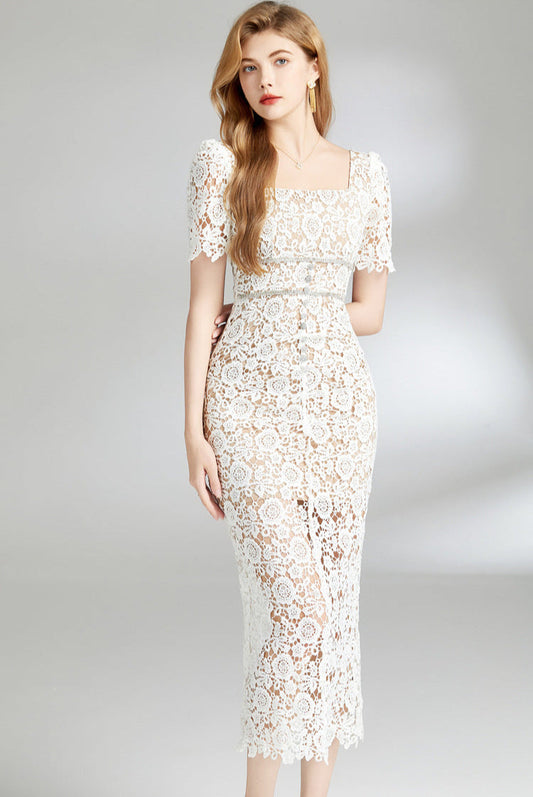 Square Neck Floral Lace Midi Dress