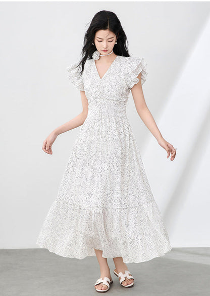 Romantic Polka Dot Midi Dress with Ruffle Sleeves and Necklace Detail