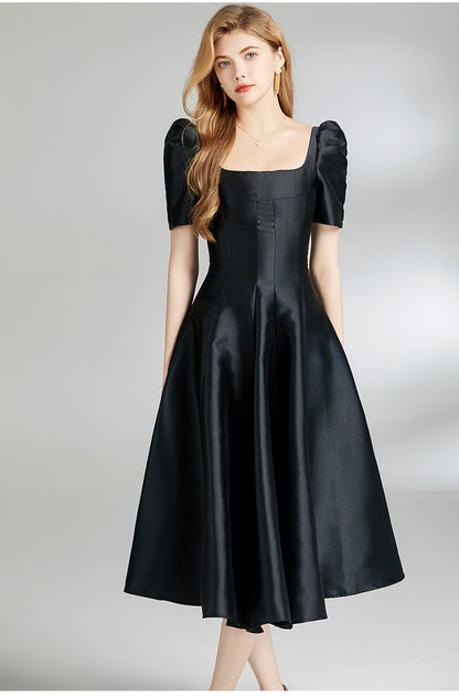 Elegant Hepburn Square-Neck Midi Dress