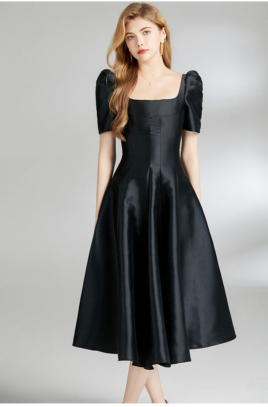 Elegant Hepburn Square-Neck Midi Dress