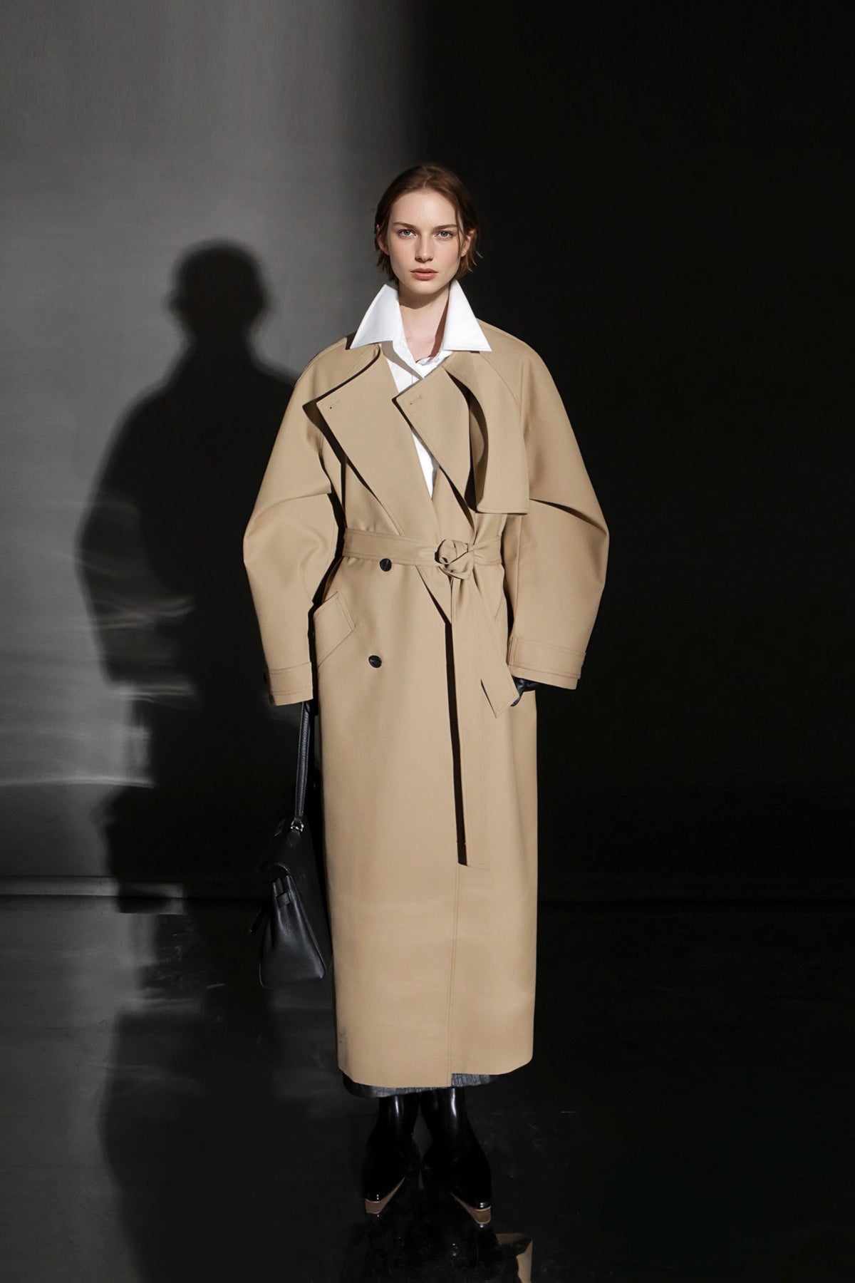 Minimalist Round Neck Wool Blend Trench Coat – Relaxed Fit