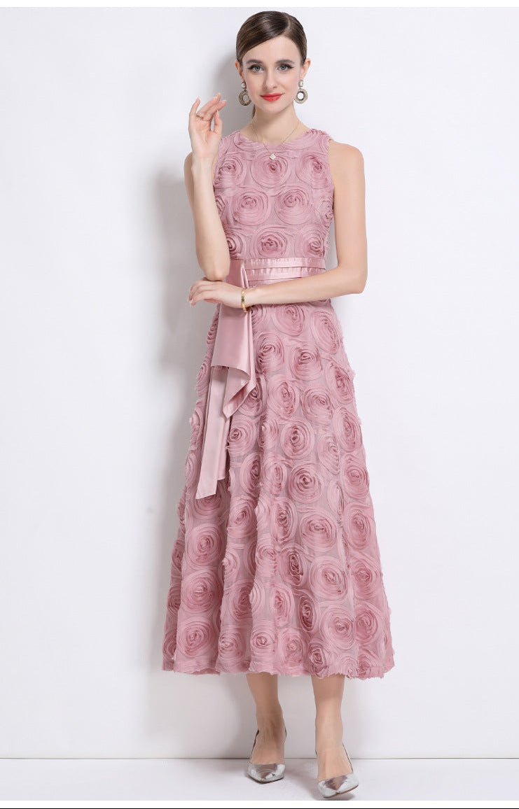 Elegant 3D Floral Belted Maxi Dress
