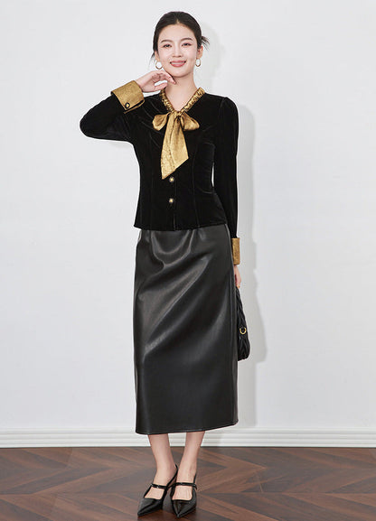 Velvet Contrast French Bow-Tie Slimming Blouse